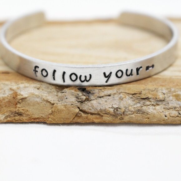 Follow Your (Arrow) ---> - Hand Stamped Anodized Aluminum Bangle - Adjustable - Picture 7 of 11